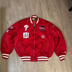 New Era Red Varsity Bomber Jacket with Patches